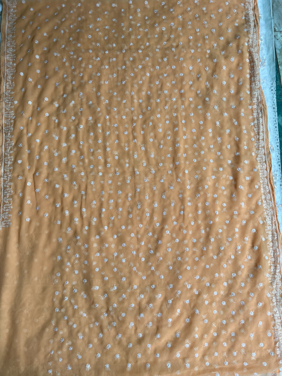 Light Orange Chiffon Chikankari Saree | Lucknowi – photo 3