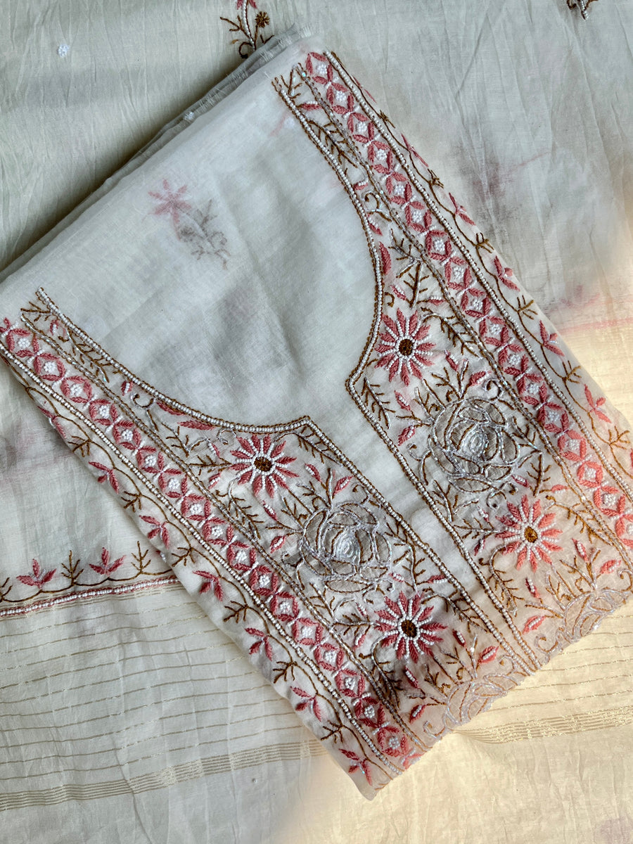 Ivory Mul Chanderi Chikankari Unstitched Kurta Dupatta | Lucknowi – photo 2