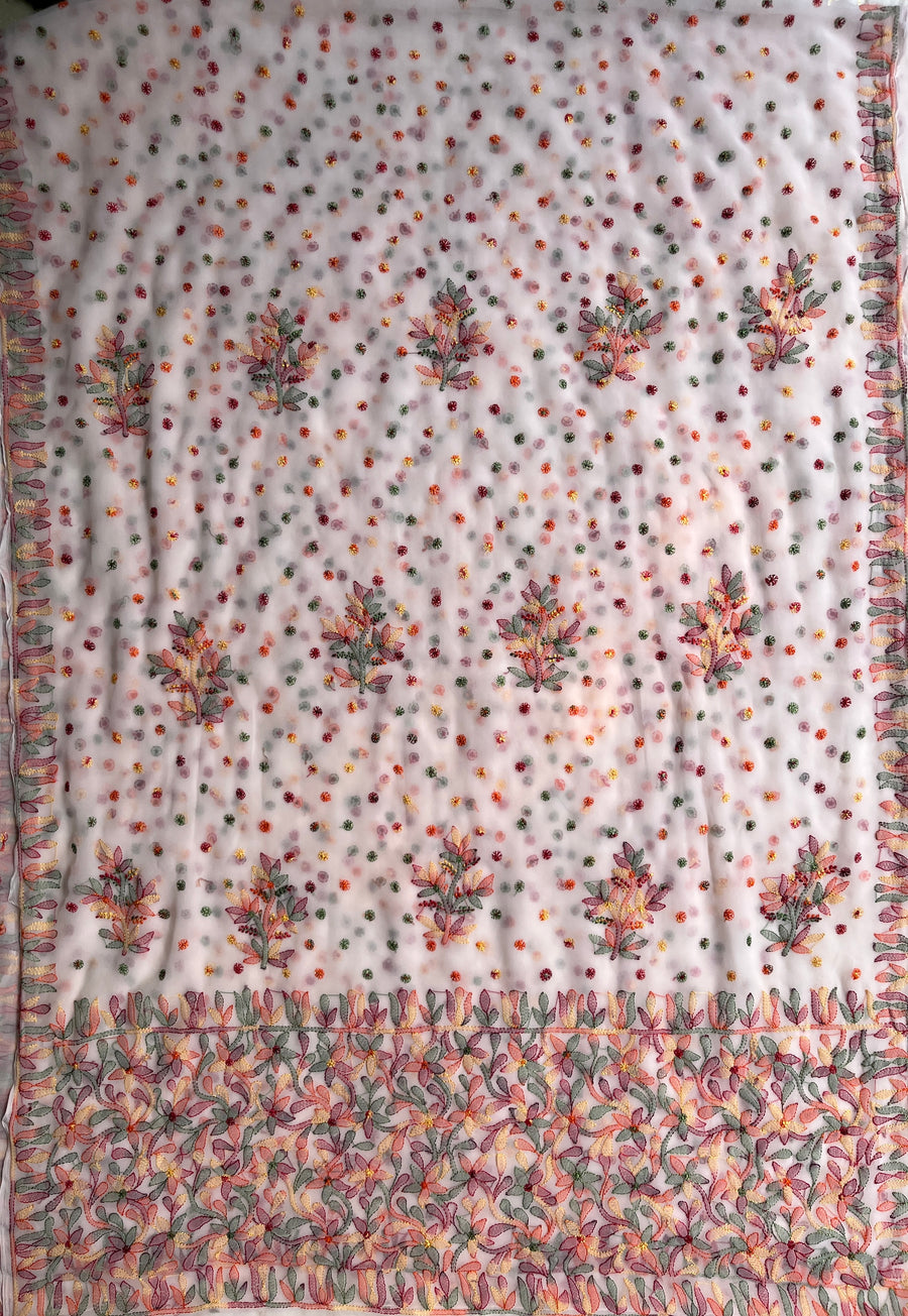 White Chikankari Chiffon Saree | Multi-Colour Resham Embroidery