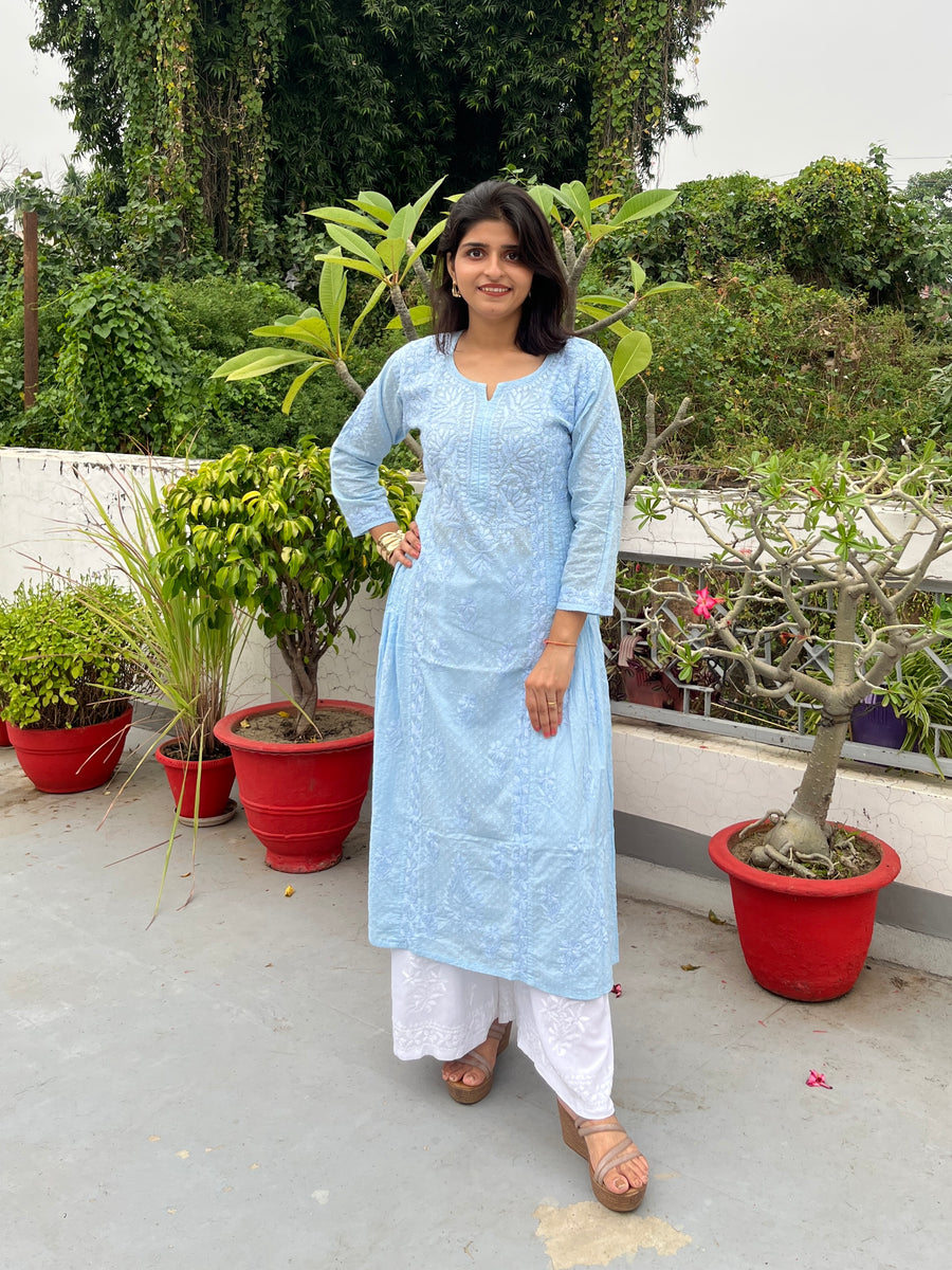Pastel Green Cotton Dobby Chikankari Kurta for Women – photo 5