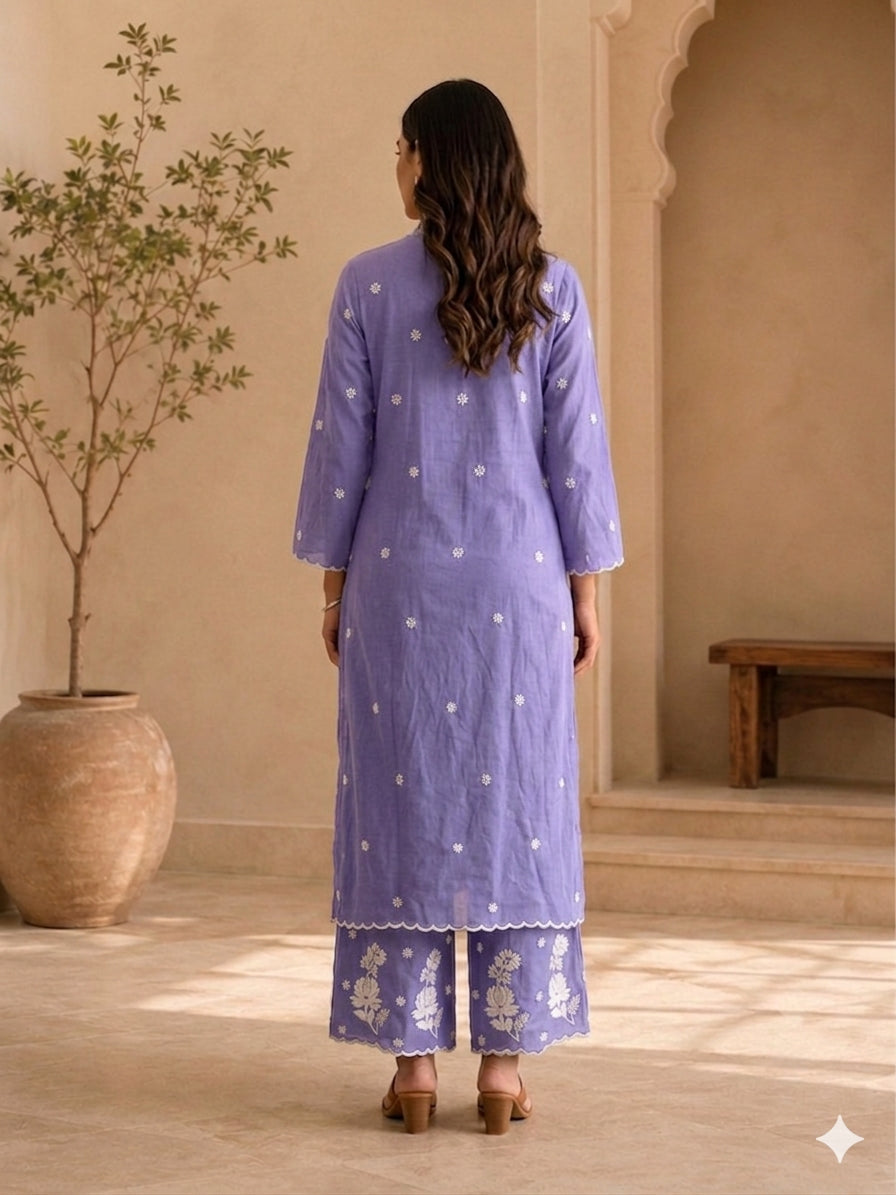 Lavender Modal Chikankari V-Neck Kurta Palazzo Set – photo 9