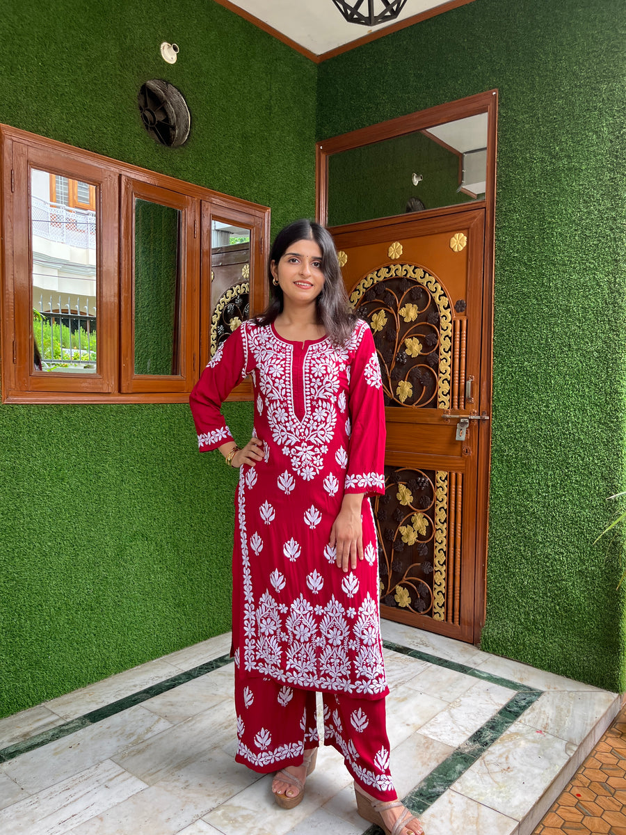 Sky Blue Modal Chikankari Kurta Palazzo Set for Women – photo 4