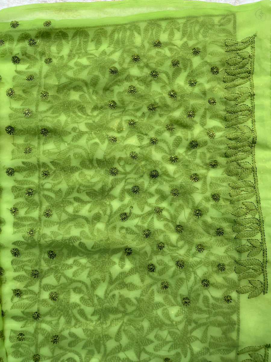 Green Chiffon Chikankari Saree | Lucknowi – photo 4