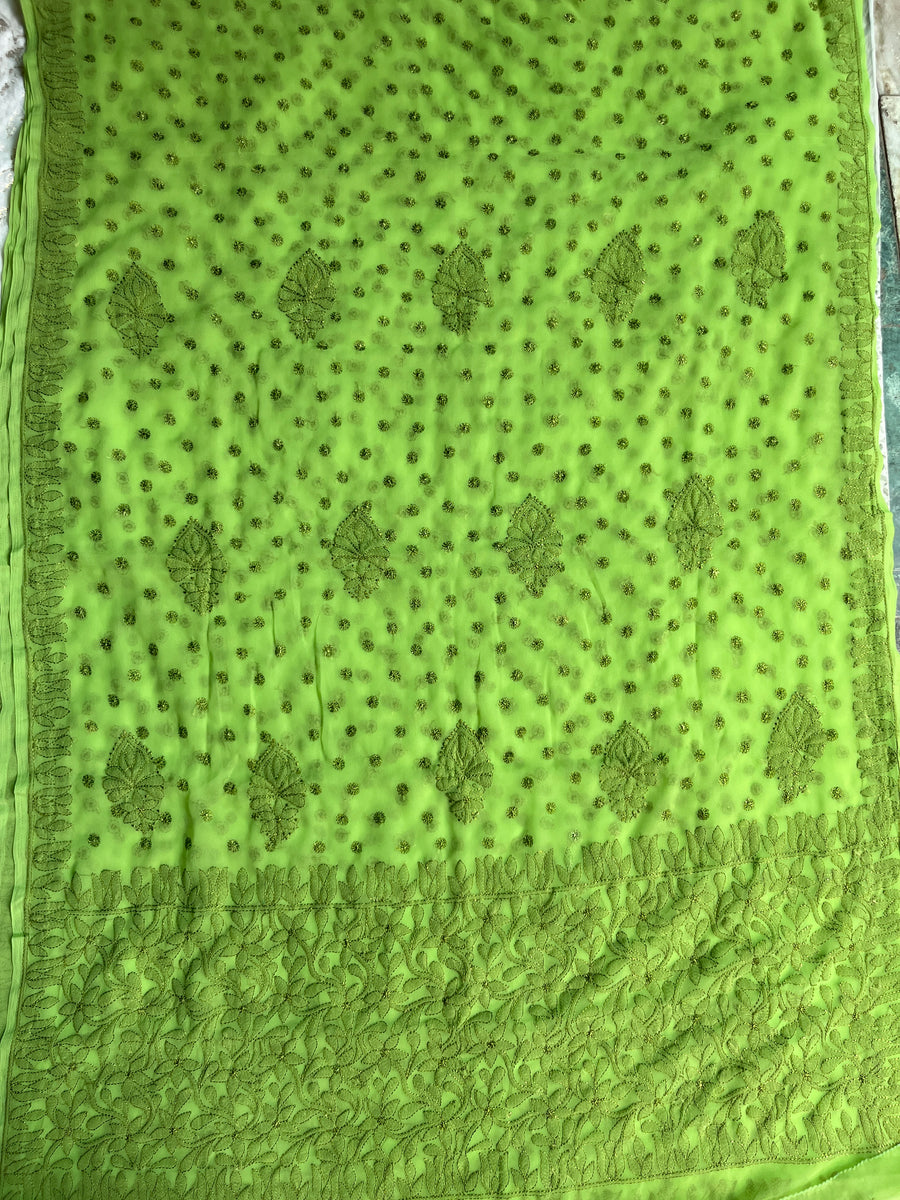 Green Chiffon Chikankari Saree | Lucknowi – photo 5