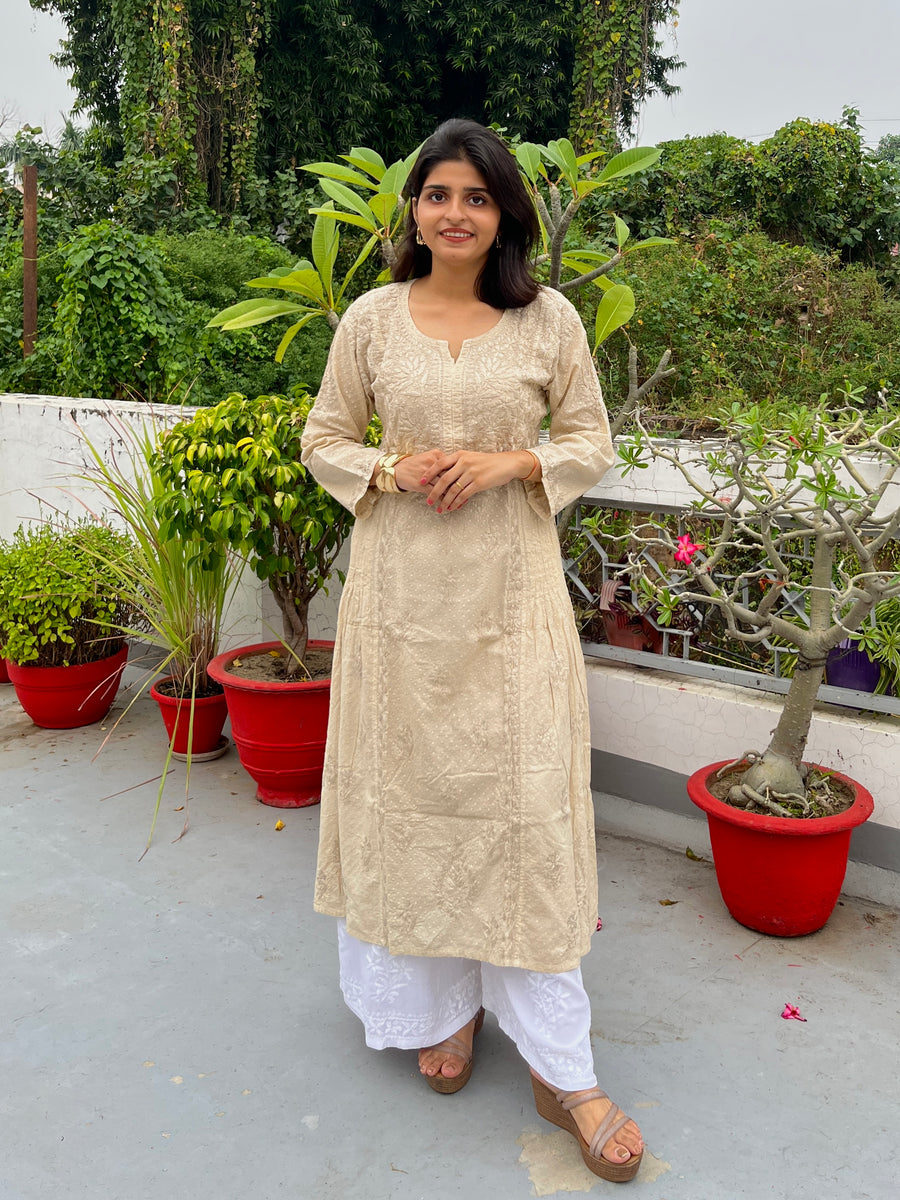 Dreamy Cream Cotton Dobby Chikankari Kurta for Women – photo 3