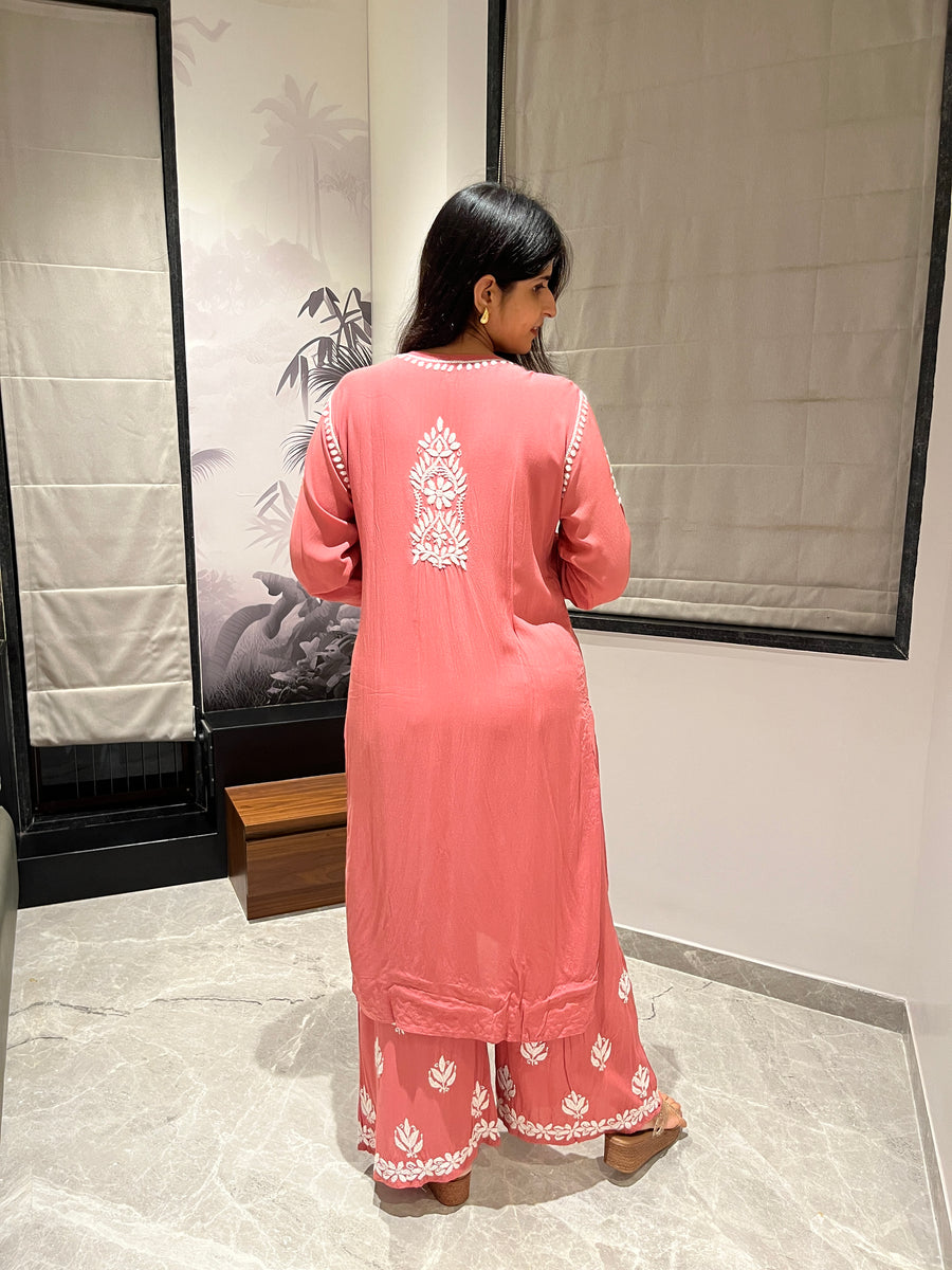 Peach Modal Chikankari Kurta Palazzo Set for Women – photo 6