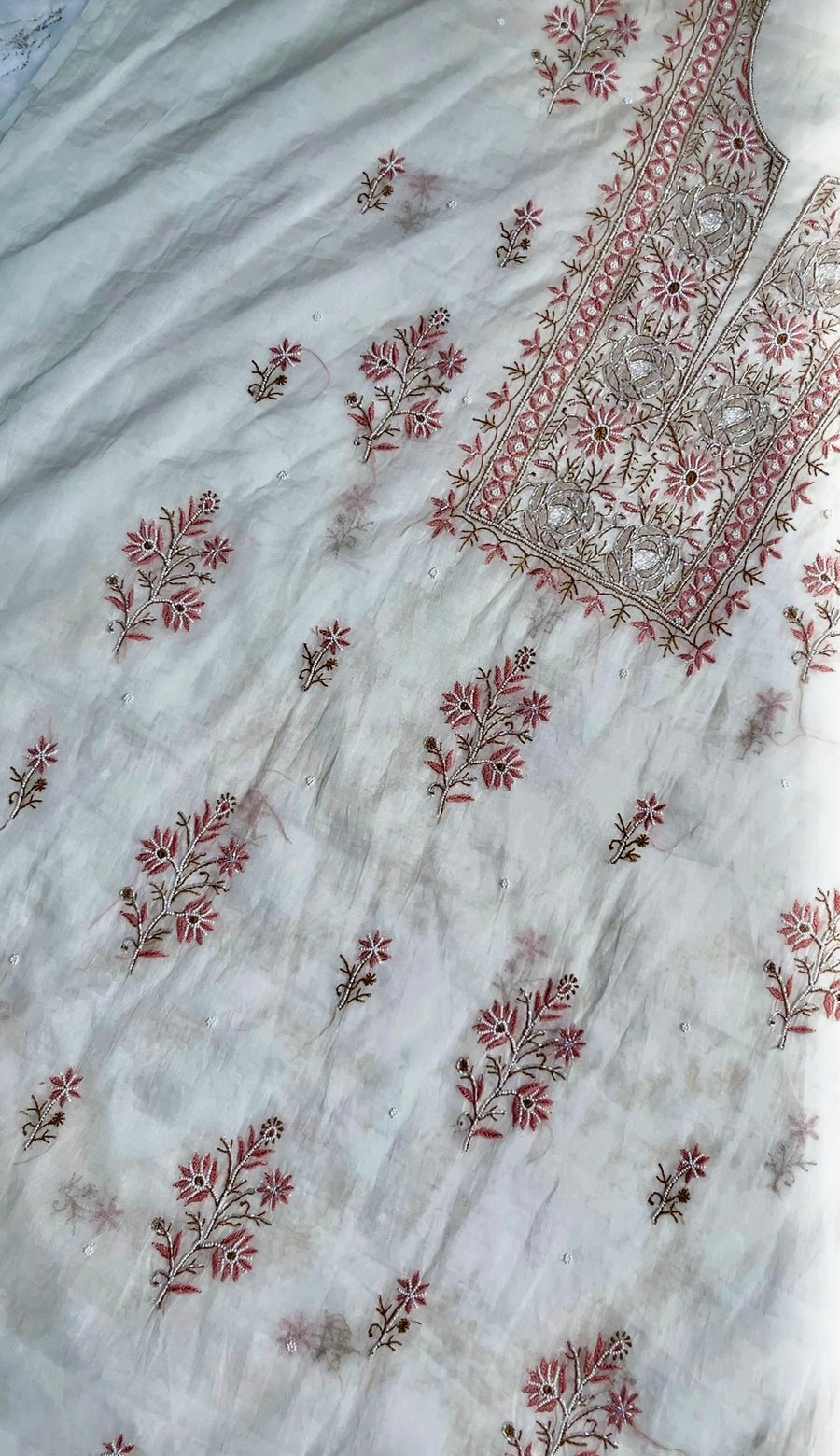 Ivory Mul Chanderi Chikankari Unstitched Kurta Dupatta | Lucknowi