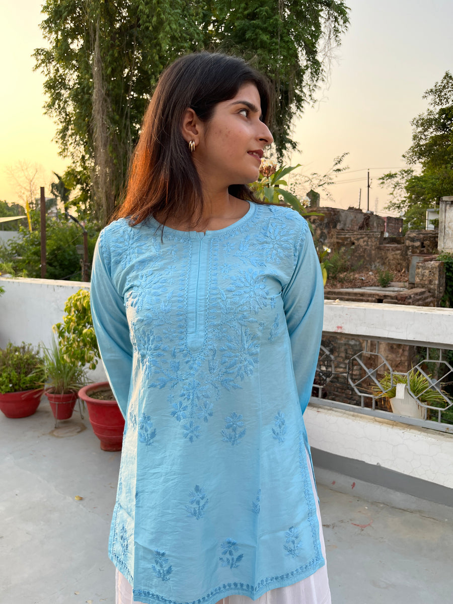 Pink Chanderi Chikankari Straight Short Kurti | Lucknowi – photo 13