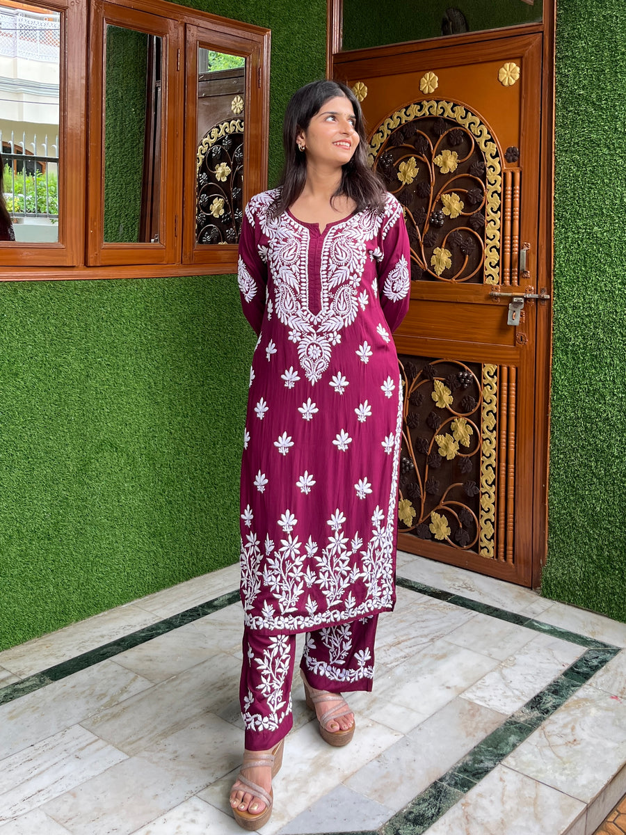 Onion Pink Modal Chikankari Kurta Palazzo Set | Lucknowi – photo 7