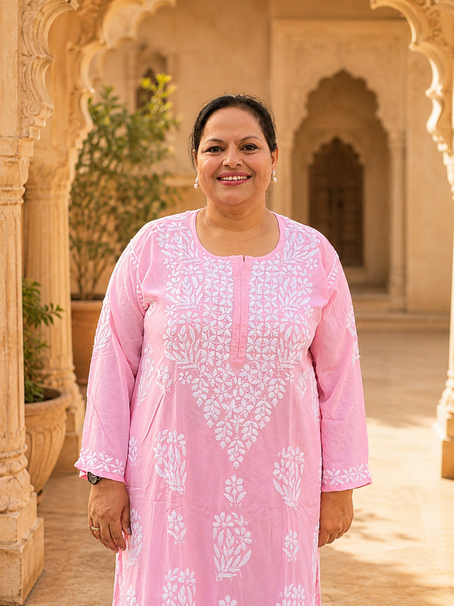 Pink Chikankari Kurta Palazzo Set for Women | Plus Size 48–54 | Hand Embroidered – photo 2