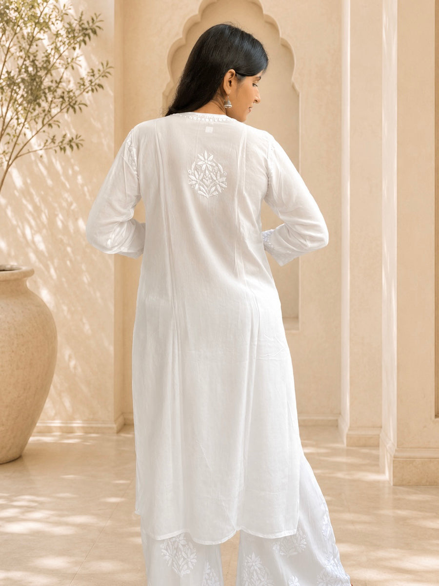 White Modal Chikankari Kurta Palazzo Set | Lucknowi – photo 3