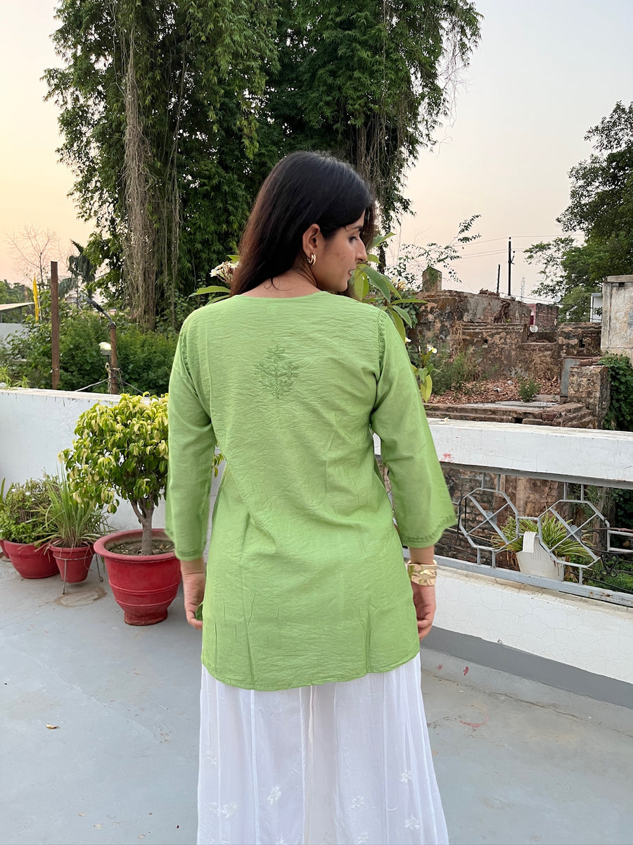 Pink Chanderi Chikankari Straight Short Kurti | Lucknowi – photo 10