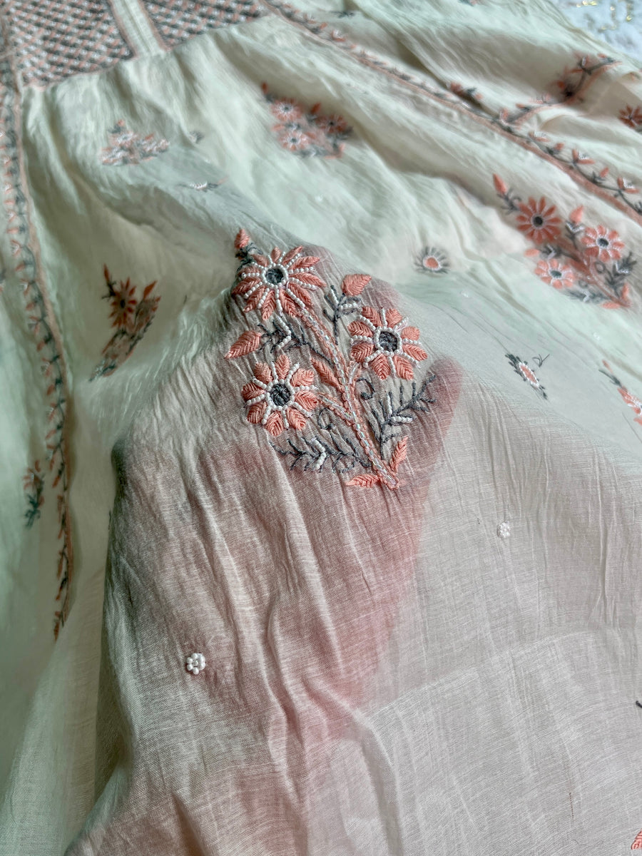 Ivory Mul Chanderi Chikankari Semi-Stitched A line Kurta Dupatta | Lucknowi – photo 3