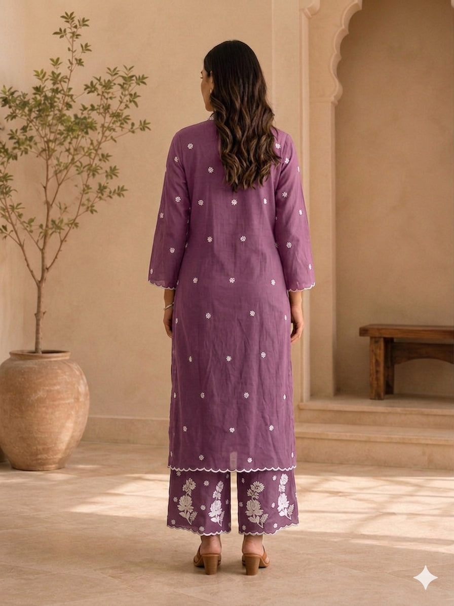 Mauve Modal Chikankari V-Neck Kurta Palazzo Set – photo 2