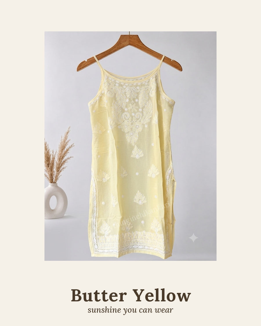 Butter Yellow Noodle Strap Viscose Chikankari Short Kurti | Lucknowi