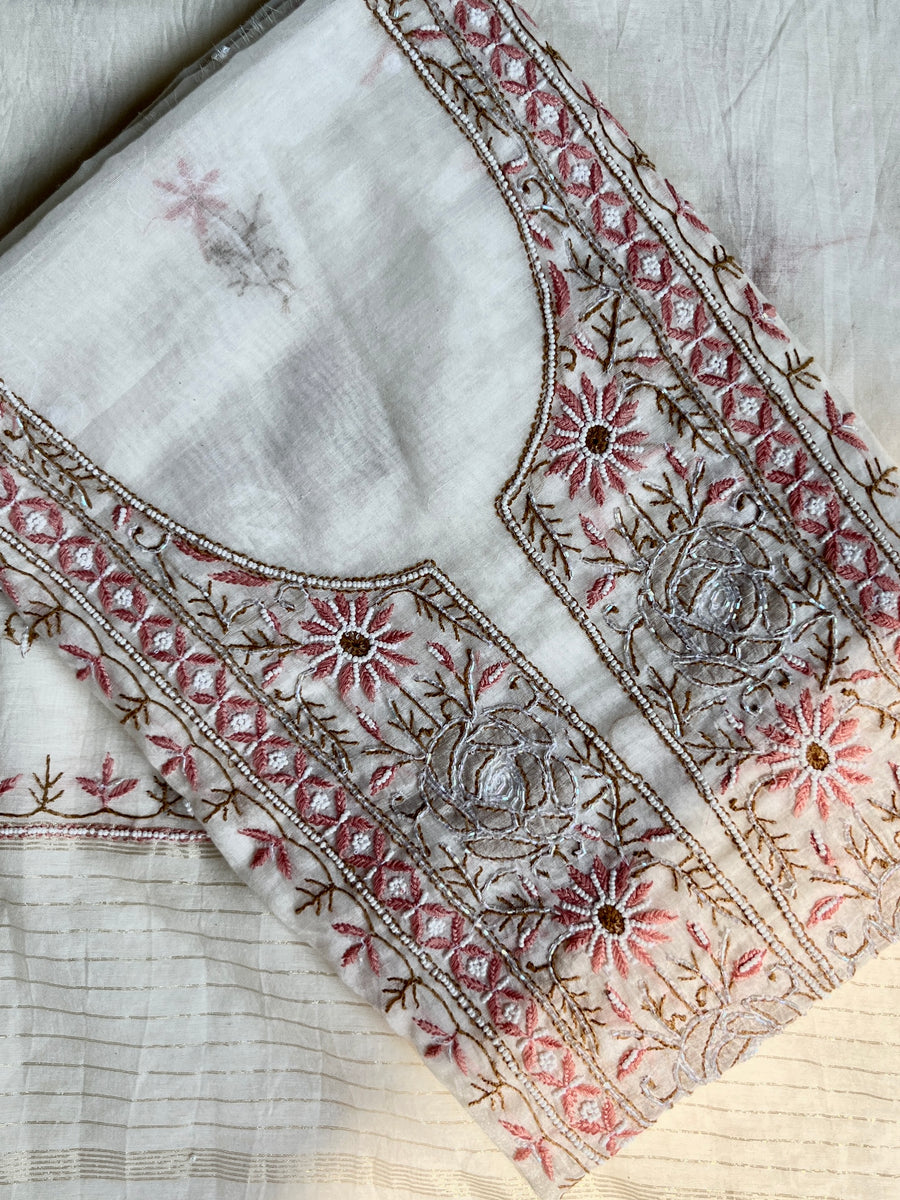 Ivory Mul Chanderi Chikankari Unstitched Kurta Dupatta | Lucknowi – photo 7