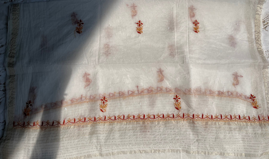 Ivory Mul Chanderi Chikankari Unstitched Kurta Dupatta Set | Lucknowi – photo 5