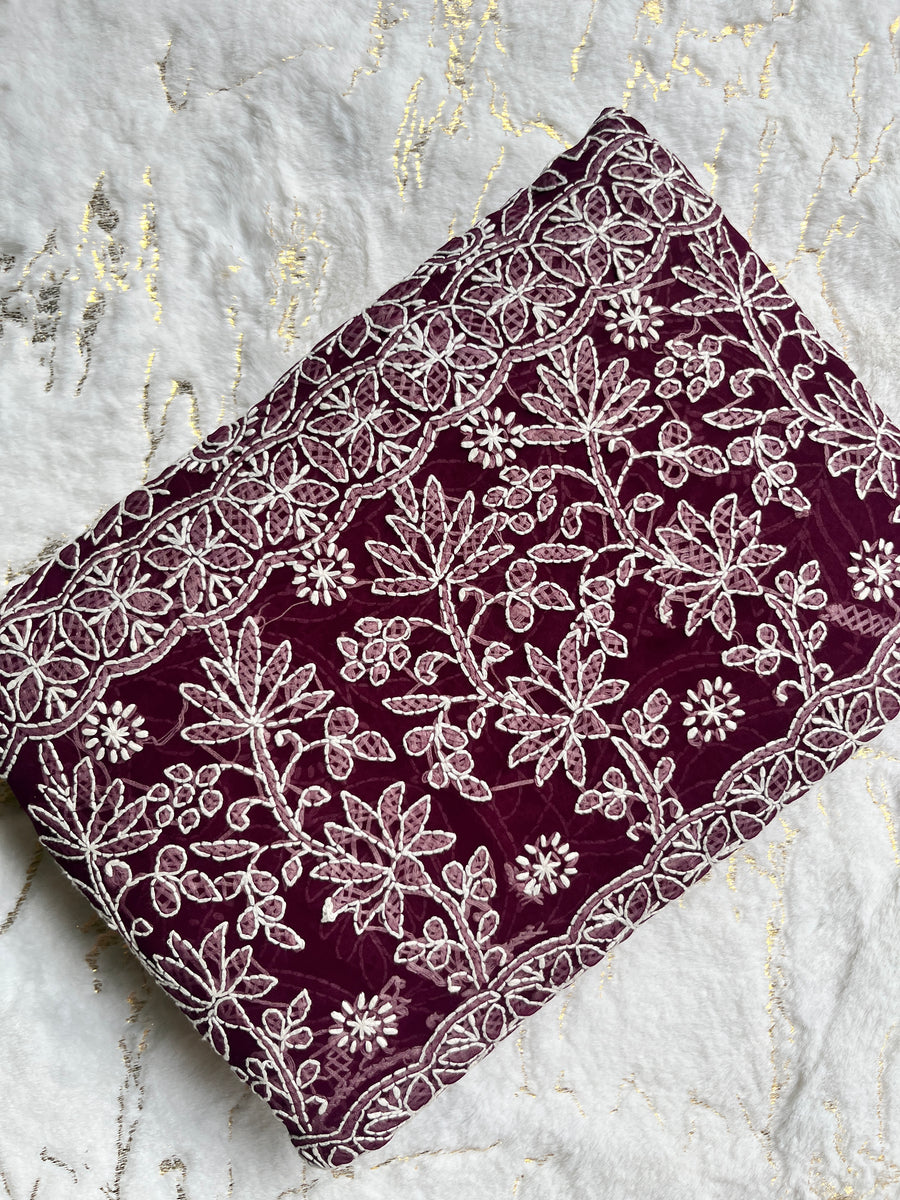 Wine Chiffon Full Work Chikankari Saree | Lucknowi – photo 2