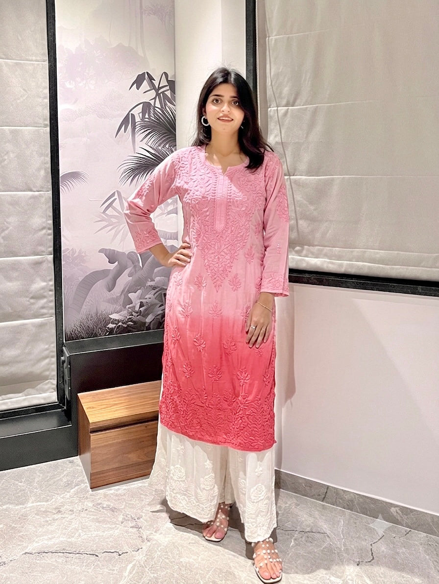 Peachy Pink Ombre Modal Chikankari Kurta