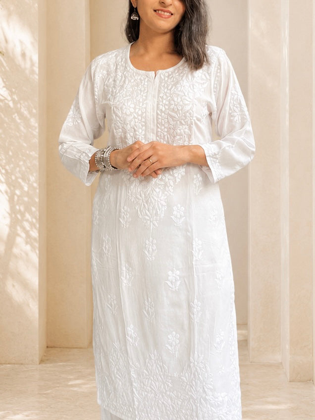 White Modal Chikankari Kurta Palazzo Set | Lucknowi – photo 2