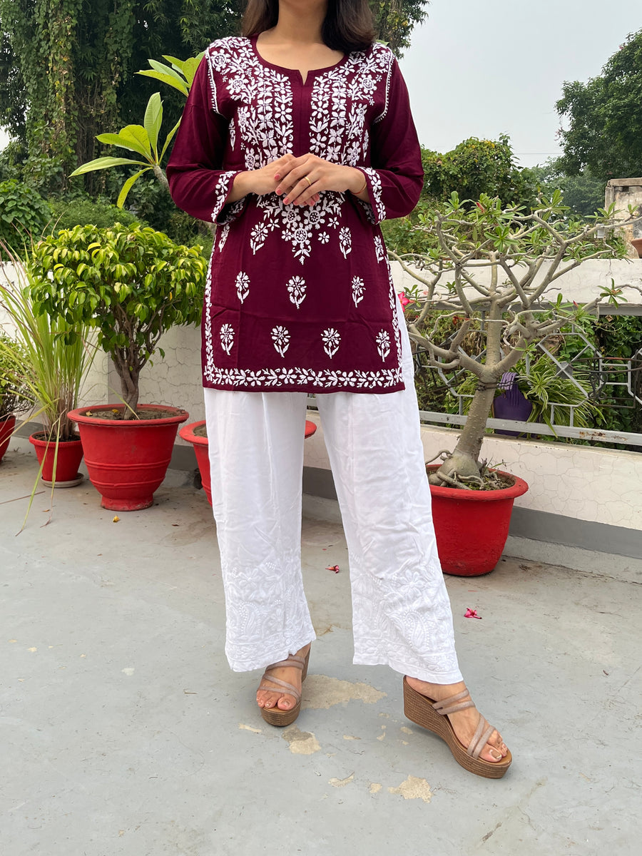 White Rayon Chikankari Narrow Palazzo | Lucknowi – photo 3