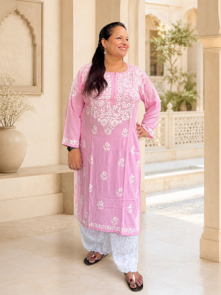 Pink Rayon Chikankari Kurta Plus Size 4XL-7XL | Lucknowi – photo 4