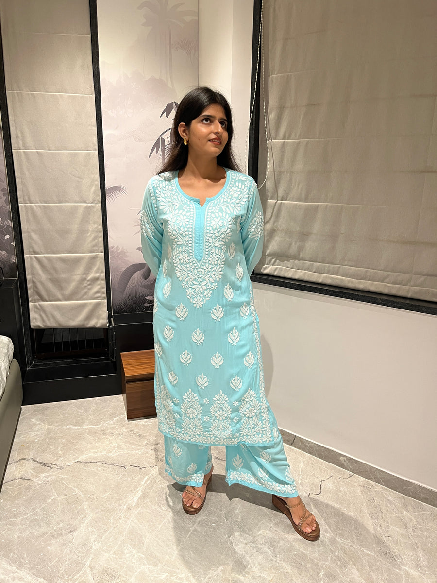 Baby Pink Modal Cotton Chikankari Kurta Palazzo Set for Women – photo 11
