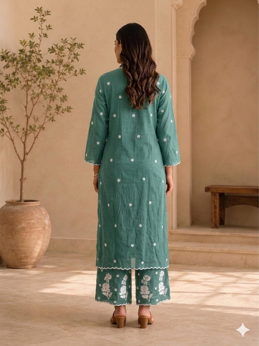 Sage Green Modal Chikankari V-Neck Kurta Palazzo Set – photo 2
