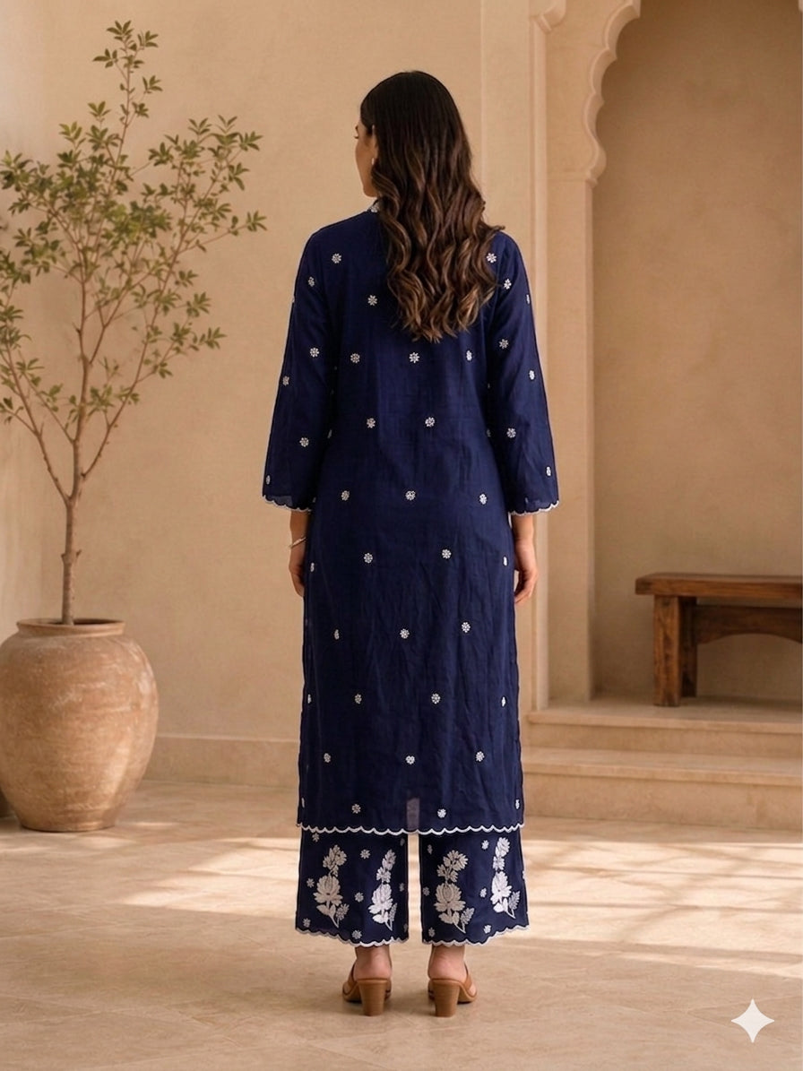 Navy Blue Modal Chikankari V-Neck Kurta Palazzo Set – photo 5