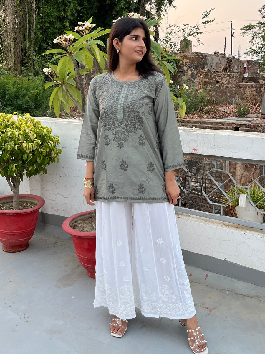 Pink Chanderi Chikankari Straight Short Kurti | Lucknowi – photo 9