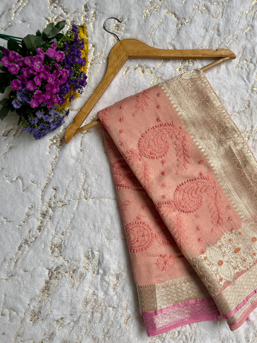 Wine Chanderi Chikankari Saree for Women – photo 6