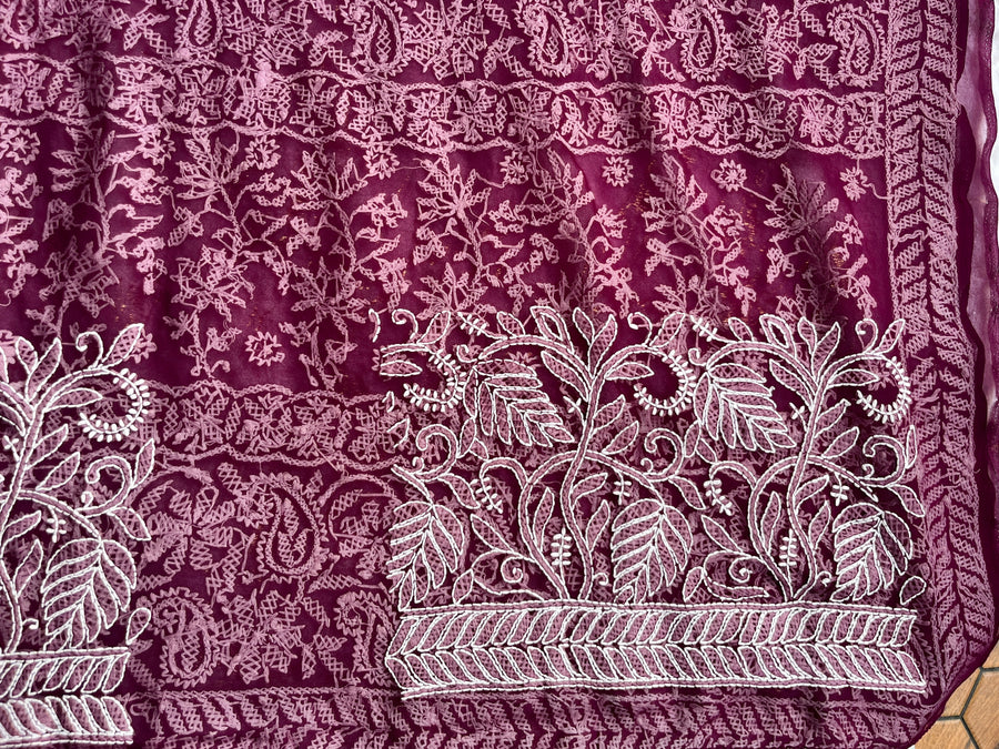 Wine Chiffon Full Work Chikankari Saree | Lucknowi – photo 6