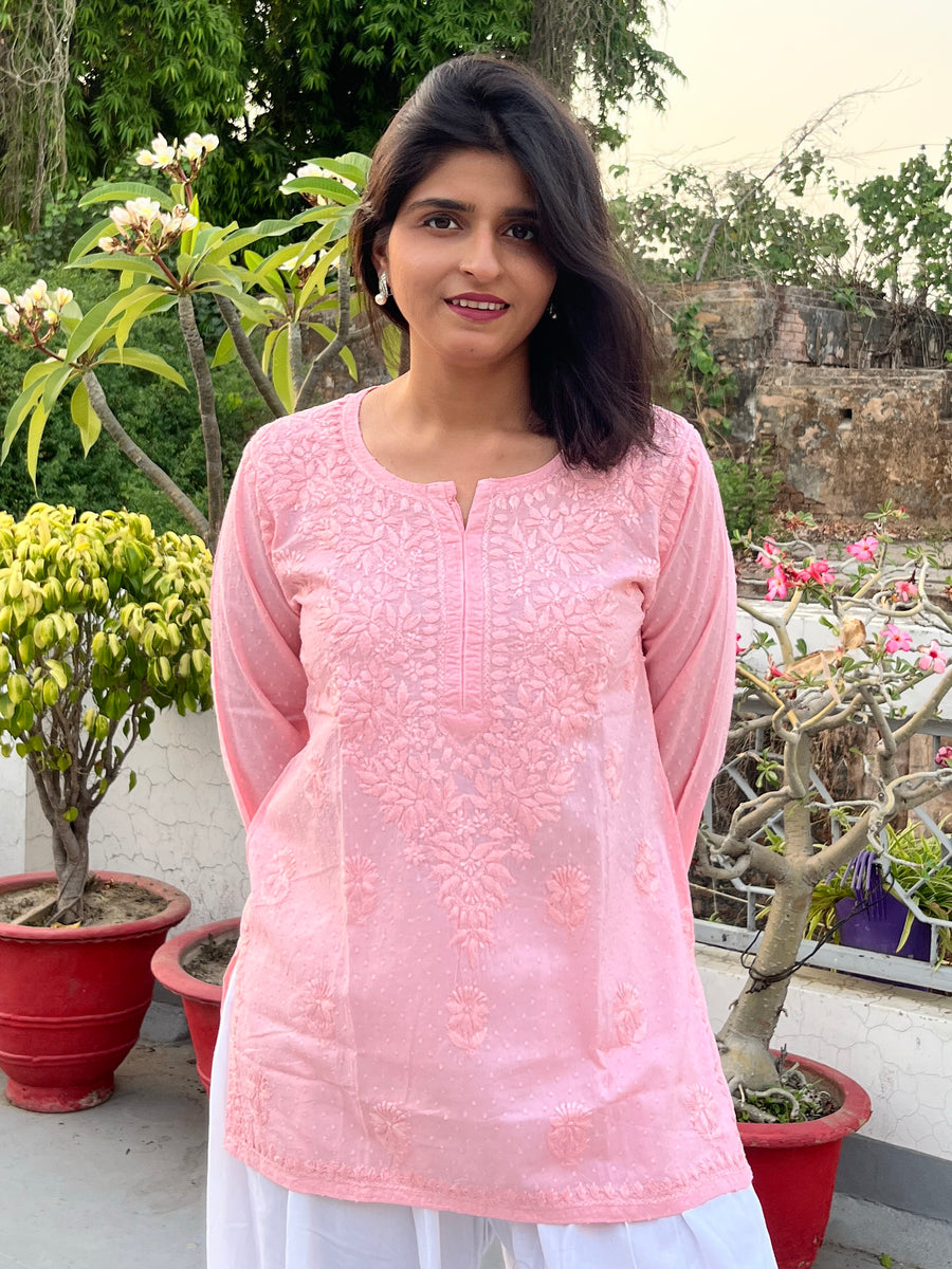 Pink Cotton Dobby Chikankari Short Kurti | Lucknowi – photo 9