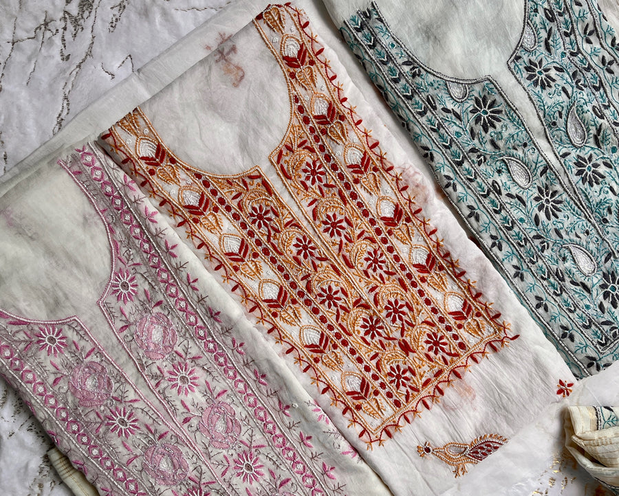Ivory Mul Chanderi Chikankari Unstitched Kurta Dupatta Set | Lucknowi – photo 2