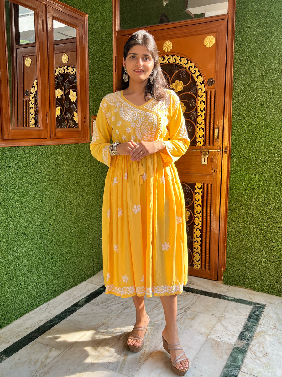 Yellow Rayon Chikankari Angarkha Kurti | Lucknowi