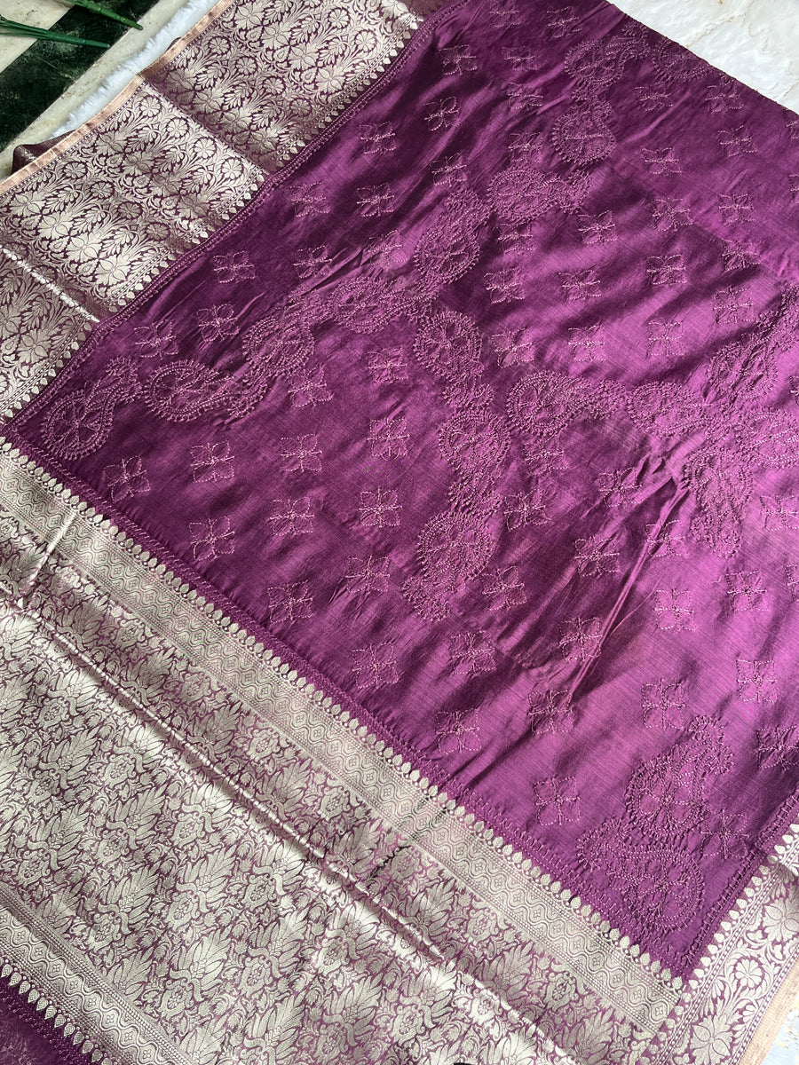 Wine Chanderi Chikankari Saree for Women – photo 3