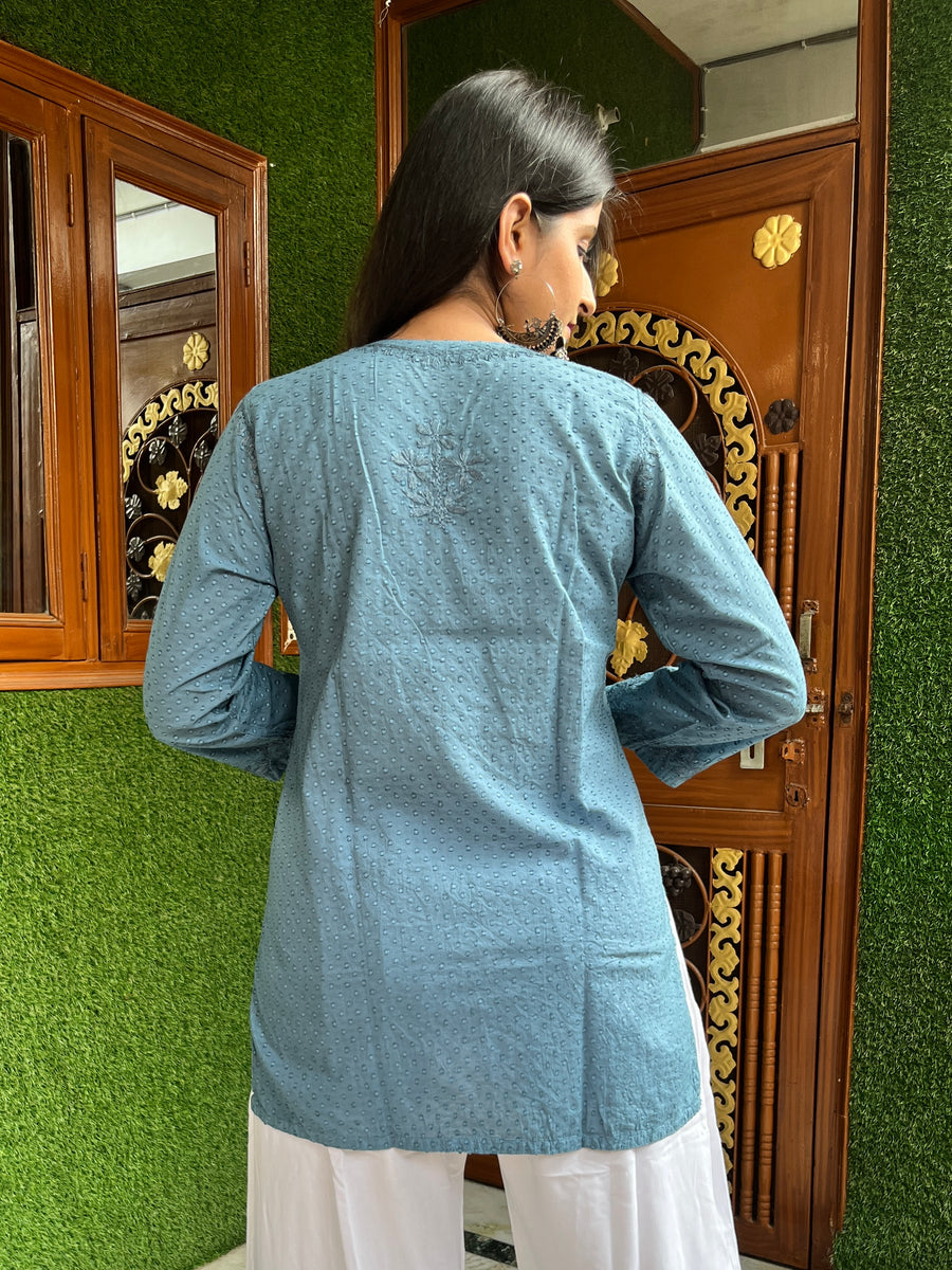 Lemon Cotton Dobby Chikankari Short Kurti | Lucknowi – photo 9