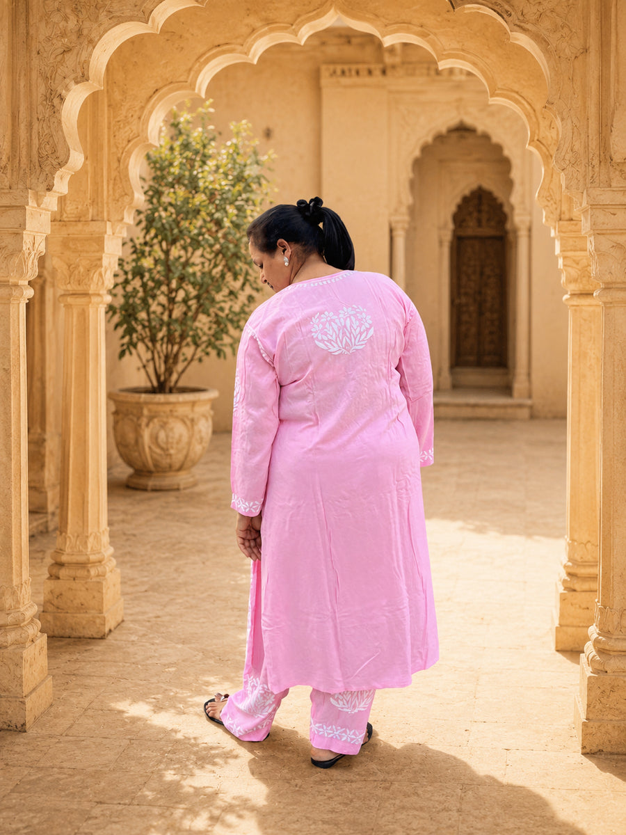 Pink Chikankari Kurta Palazzo Set for Women | Plus Size 48–54 | Hand Embroidered – photo 3