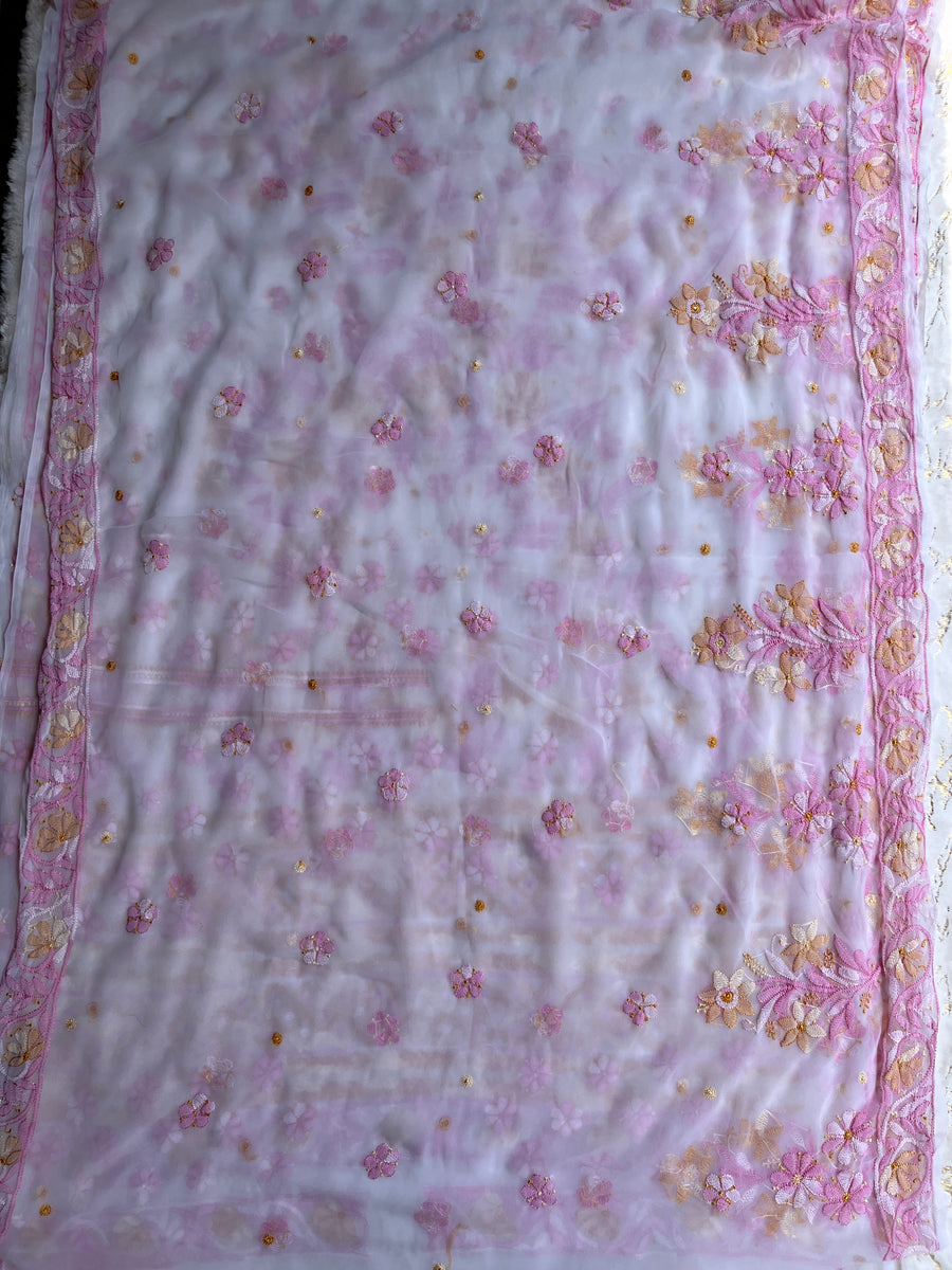White Pure Chiffon Chikankari Resham Saree – photo 9