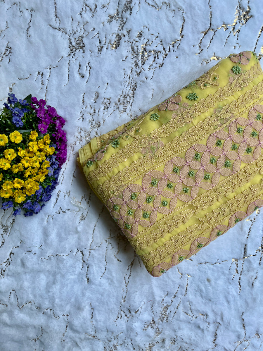 Yellow Pure Chiffon Chikankari Saree – photo 2