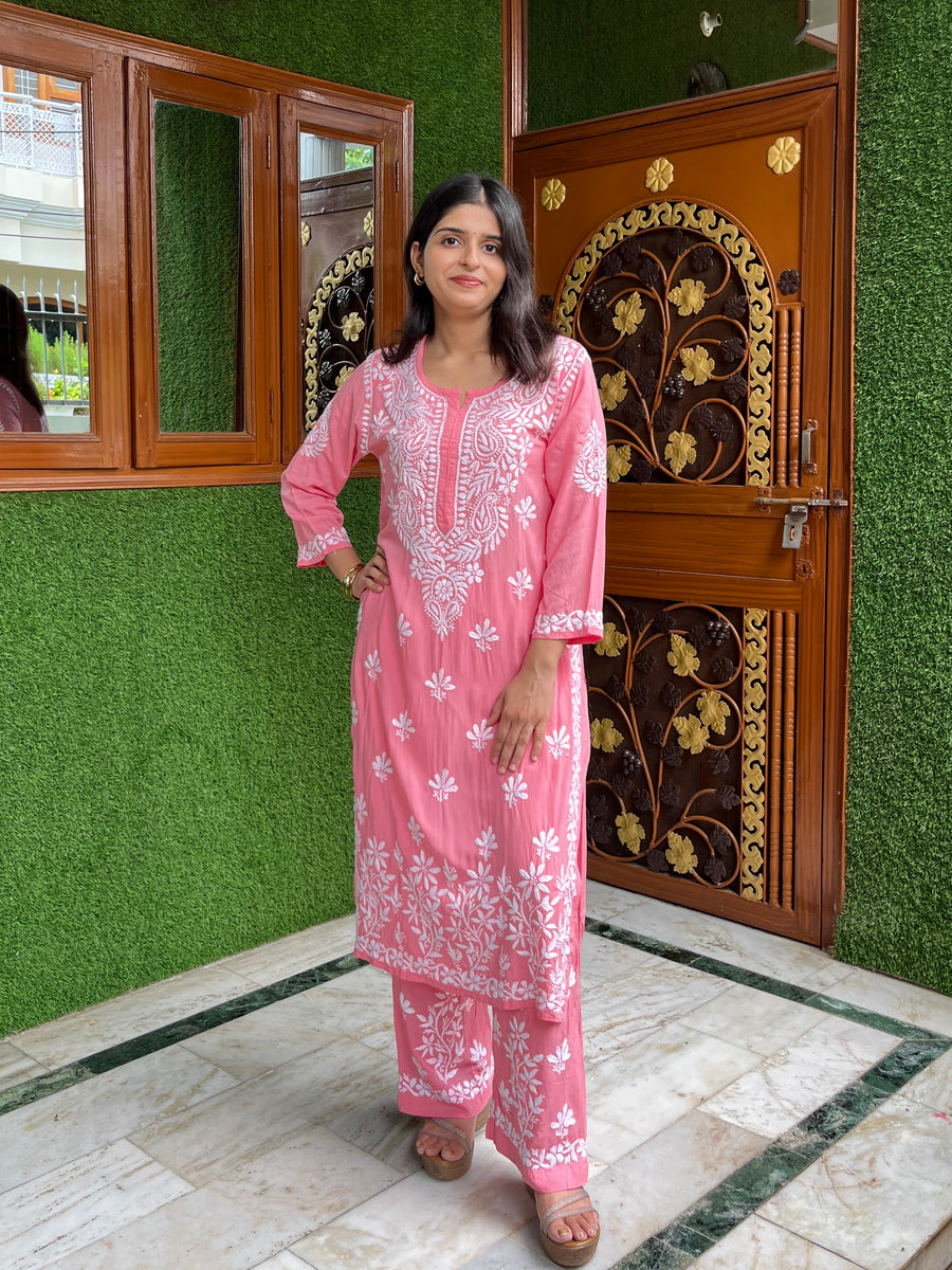 Onion Pink Modal Chikankari Kurta Palazzo Set | Lucknowi – photo 6