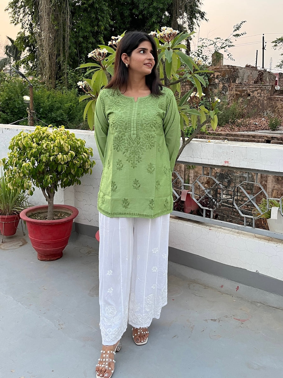 Pink Chanderi Chikankari Straight Short Kurti | Lucknowi – photo 11