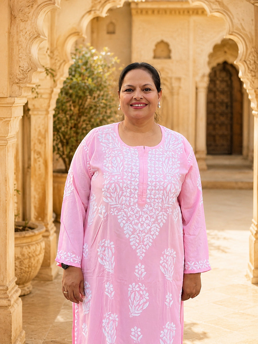 Pink Chikankari Kurta Palazzo Set for Women | Plus Size 48–54 | Hand Embroidered – photo 4