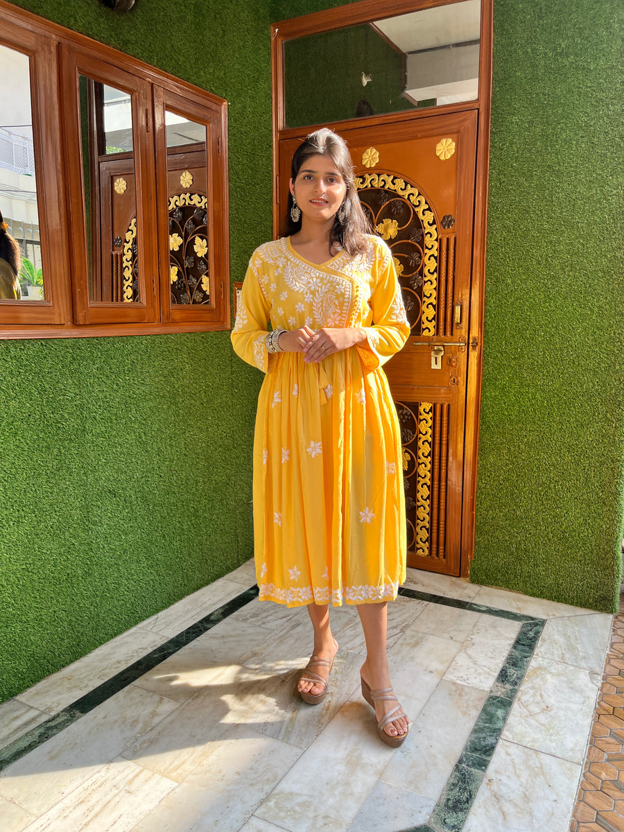 Baby Pink Rayon Chikankari Angarkha Kurti | Lucknowi – photo 5