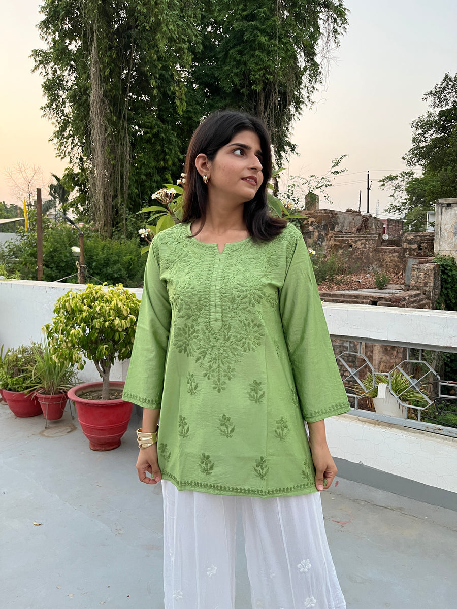 Pink Chanderi Chikankari Straight Short Kurti | Lucknowi – photo 5
