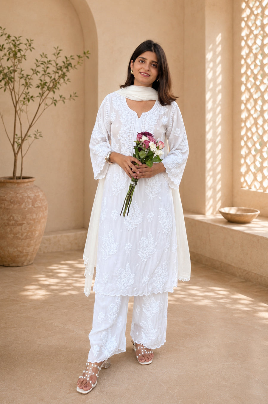 White Crepe Chikankari Kurta Palazzo Dupatta Set | Lucknowi