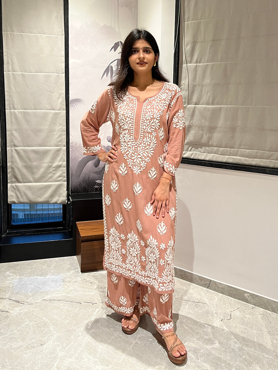 Onion Pink Modal Chikankari Kurta Palazzo Set for Women