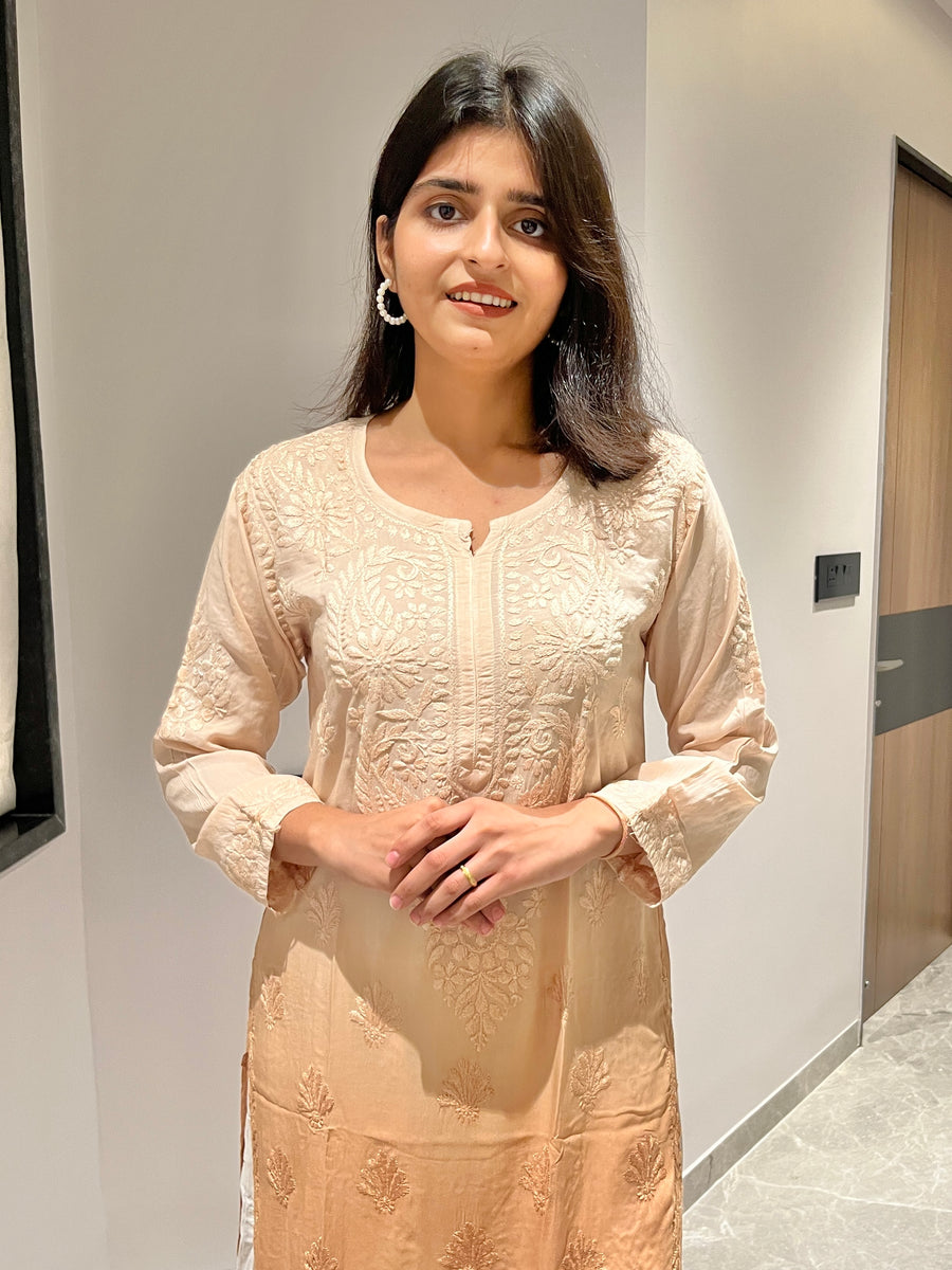 Peachy Pink Ombre Modal Chikankari Kurta – photo 11