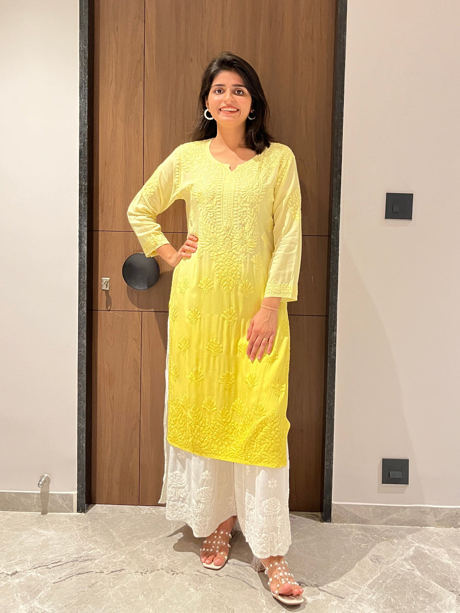 Lemon Yellow Ombre Modal Chikankari Kurta | Lucknowi