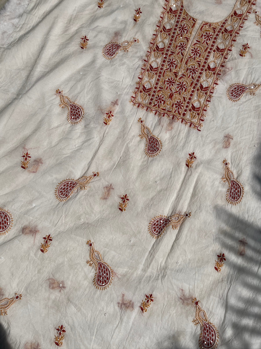 Ivory Mul Chanderi Chikankari Unstitched Kurta Dupatta Set | Lucknowi – photo 4
